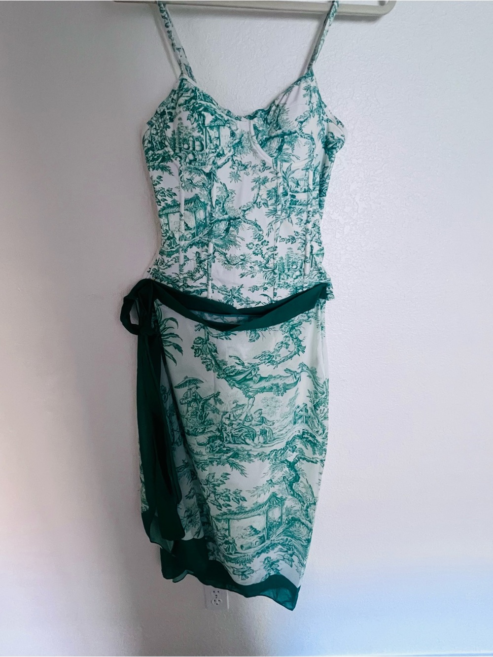 White and Teal Printed Slip Dress with Belt